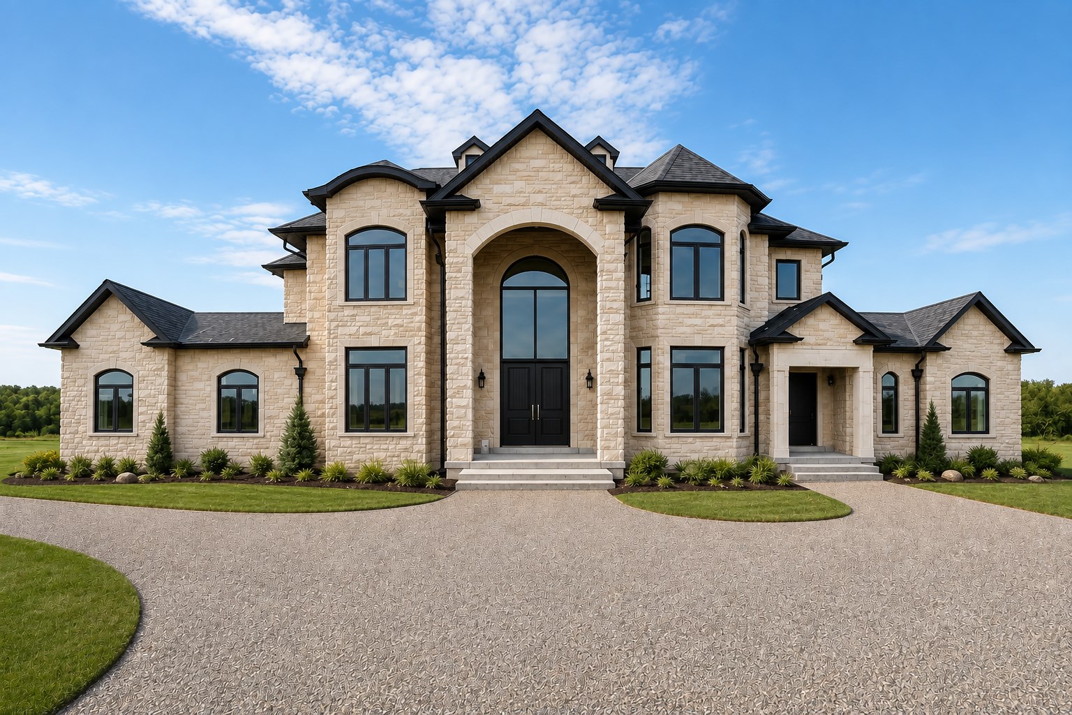 Stone country estate residence with finished driveway and landscaping